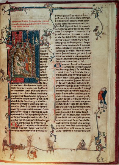 Fr 1 f.82r Vol. I Walter Map escribiendo una historia de las aventuras de los Caballeros de la Mesa Redonda en la búsqueda del Santo Grial bajo la dictación del Rey Arturo, del Roman Artúrico de Manchester de English School